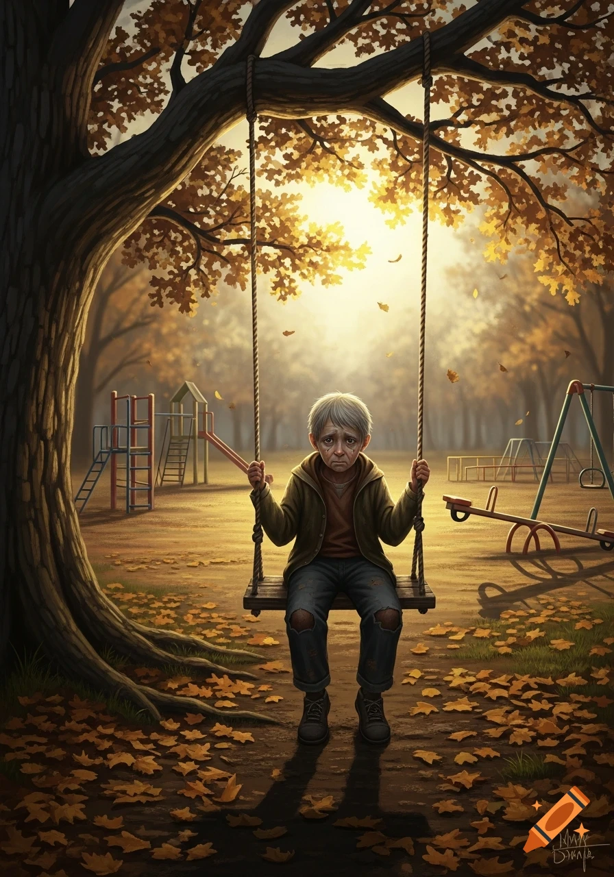 A melancholic child with gray hair sits on a swing beneath a large autumn tree, surrounded by fallen golden leaves in a sunlit park, digital painting.