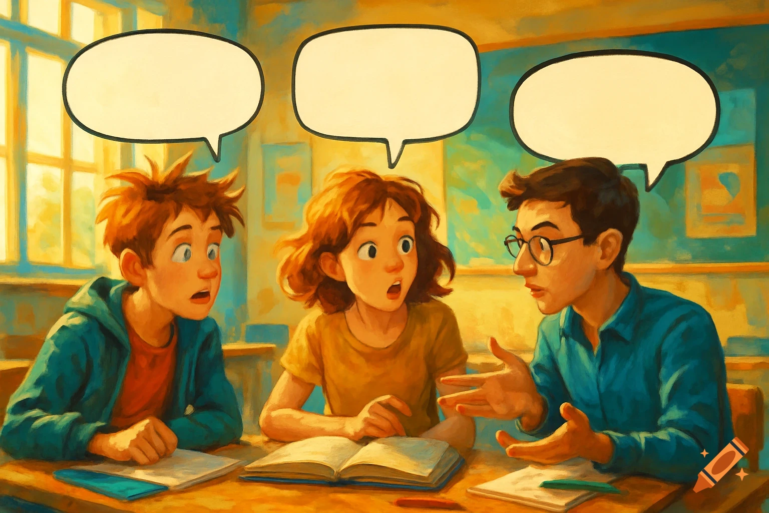 Cartoonish illustration of three students in a classroom with empty speech bubbles above their heads.
