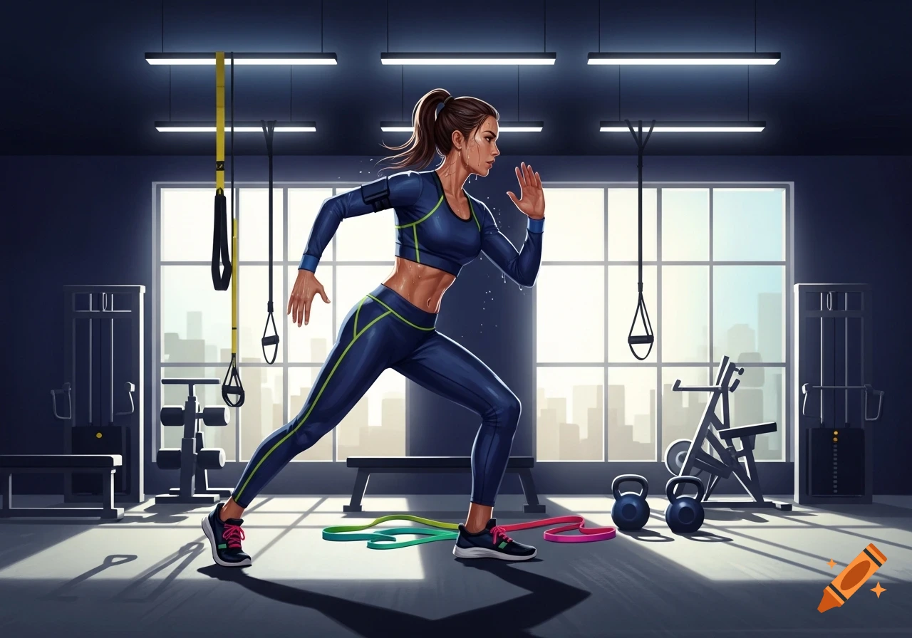 A stylized illustration of a fit woman sprinting in a modern gym with weights and suspension trainers.