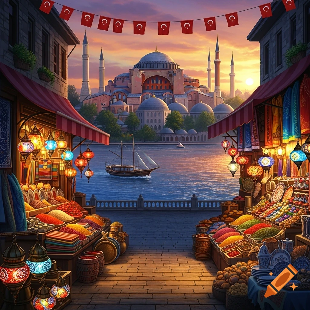 Vibrant Turkish marketplace with lanterns, spices, and textiles, overlooking the Bosphorus with Hagia Sophia at sunset.