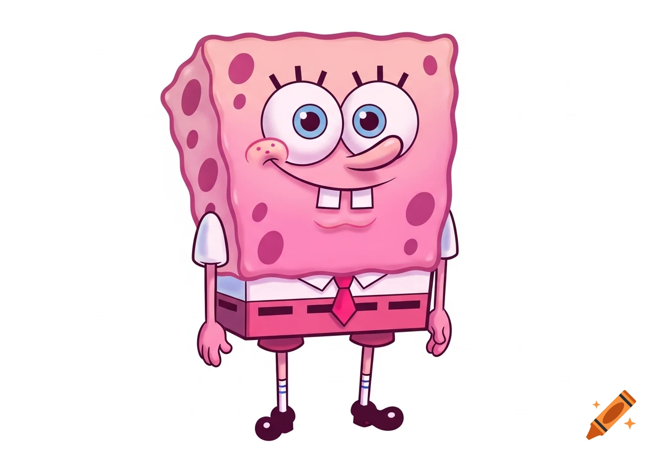 Pink and rose-colored Spongebob Squarepants smiling, cartoon illustration on a white background.