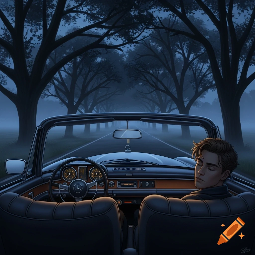 A stylized illustration of a man with closed eyes in a convertible Mercedes on a dark, foggy, tree-lined road.