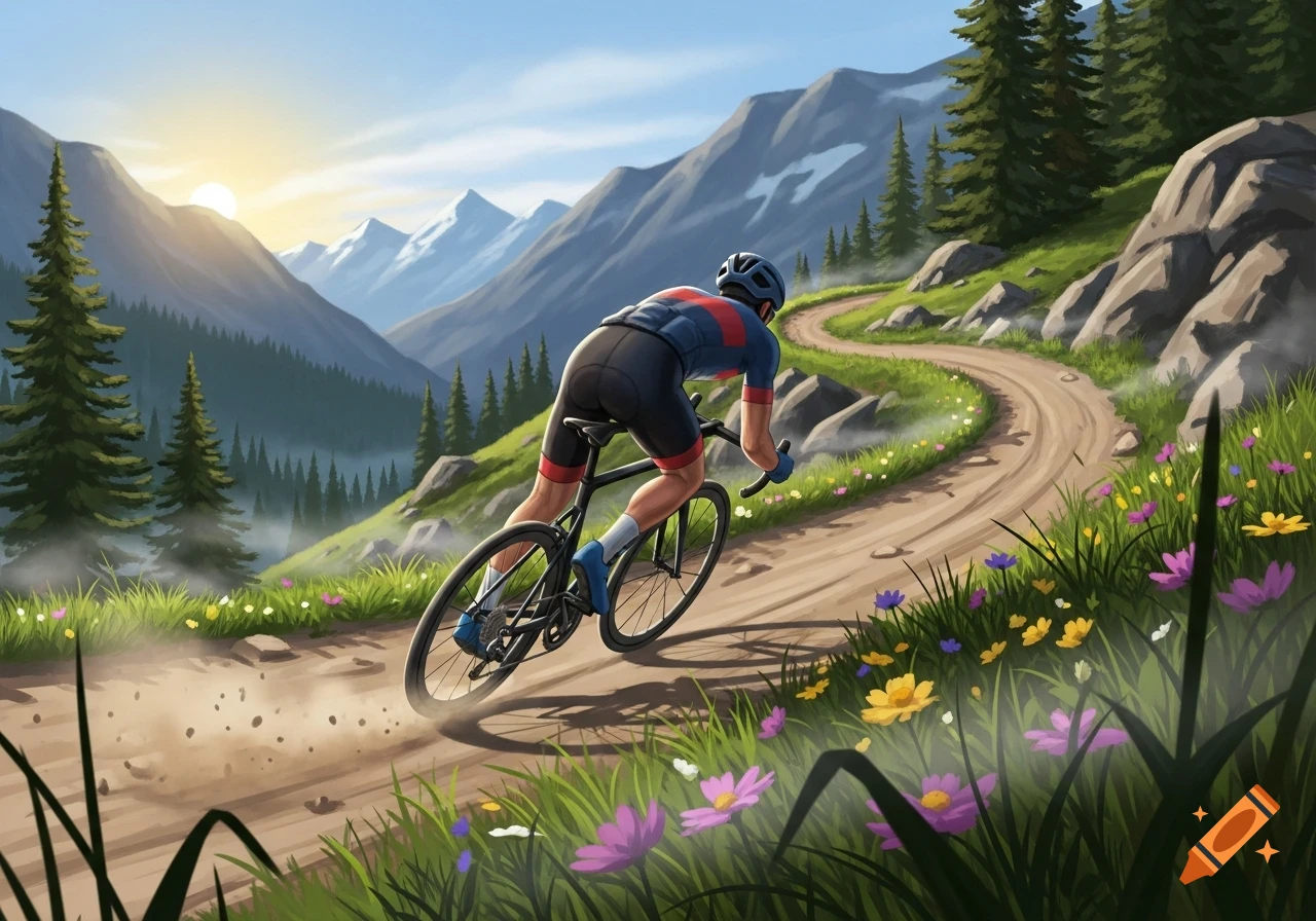 A cyclist rides a dirt path through a vibrant mountain landscape with pine trees and wildflowers under a setting sun, in a digital art style.