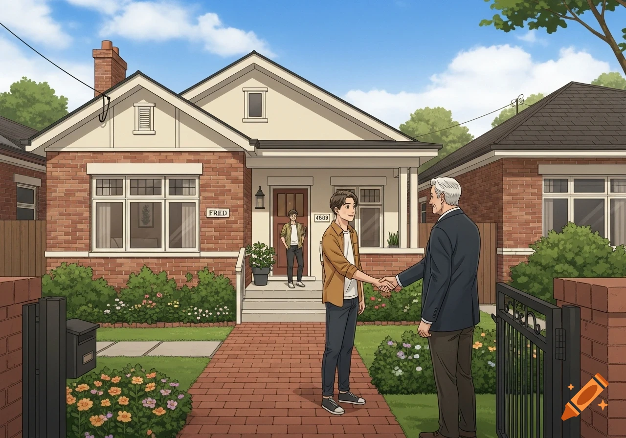 Two men shake hands in front of a brick house, while another man stands in the doorway, depicted in an anime style.