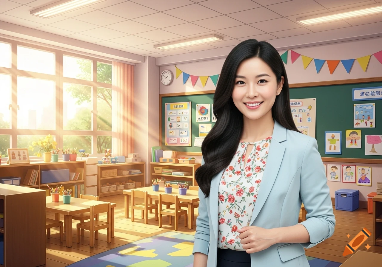 A smiling young Asian woman in a light blue blazer stands in a sunlit kindergarten classroom with a blackboard and colorful decorations.