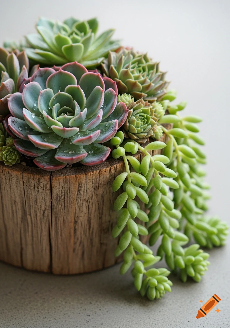 Close-up of vibrant green succulents with pink edges and water droplets, arranged in a rustic wooden planter.
