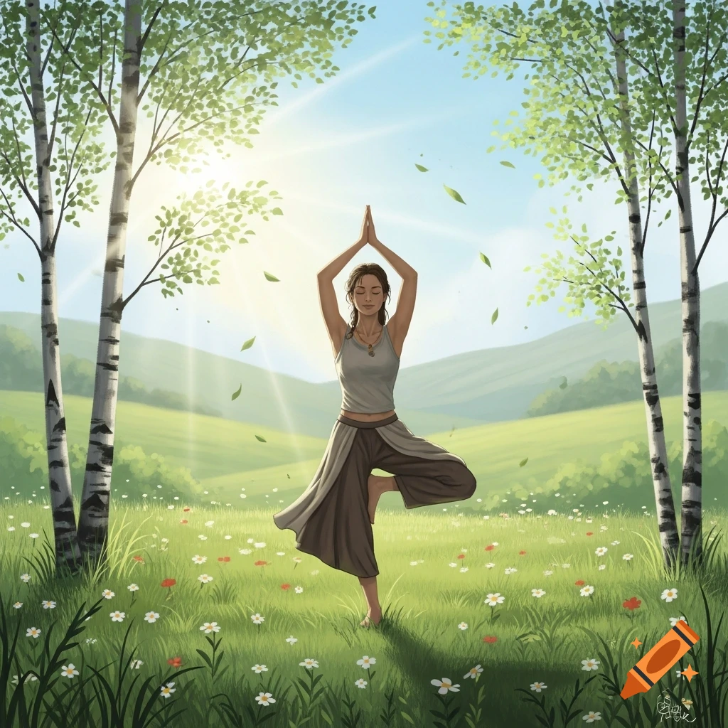 A woman in a tank top and loose pants performs a yoga tree pose in a sunny green meadow with birch trees and wildflowers.
