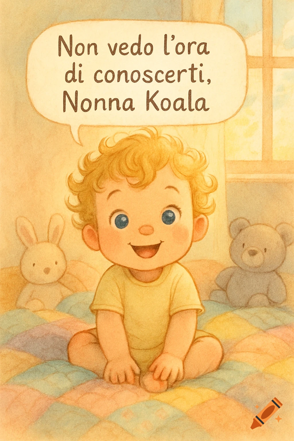 Smiling baby on a quilted blanket with toy bunny and bear, a speech bubble says 'Non vedo l'ora di conoscerti, Nonna Koala'. Children's illustration.