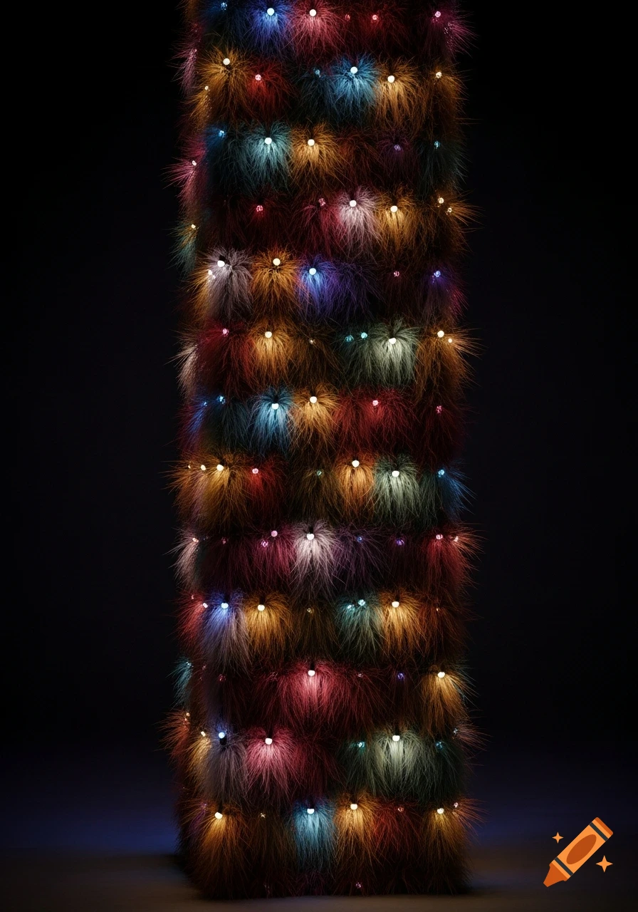 A vertical column covered in colorful fur-like texture, embedded with glowing LED lights in various colors against a dark background.