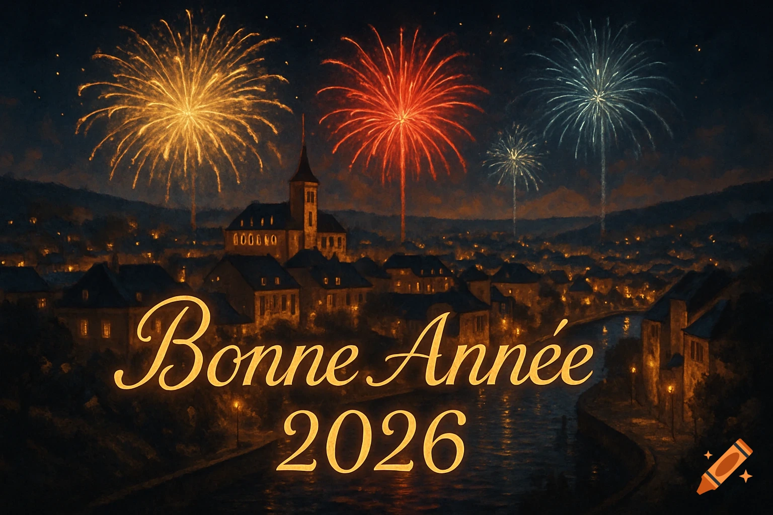 Colorful fireworks light up a charming European town at night, with the text 'Bonne Année 2026' in the foreground.