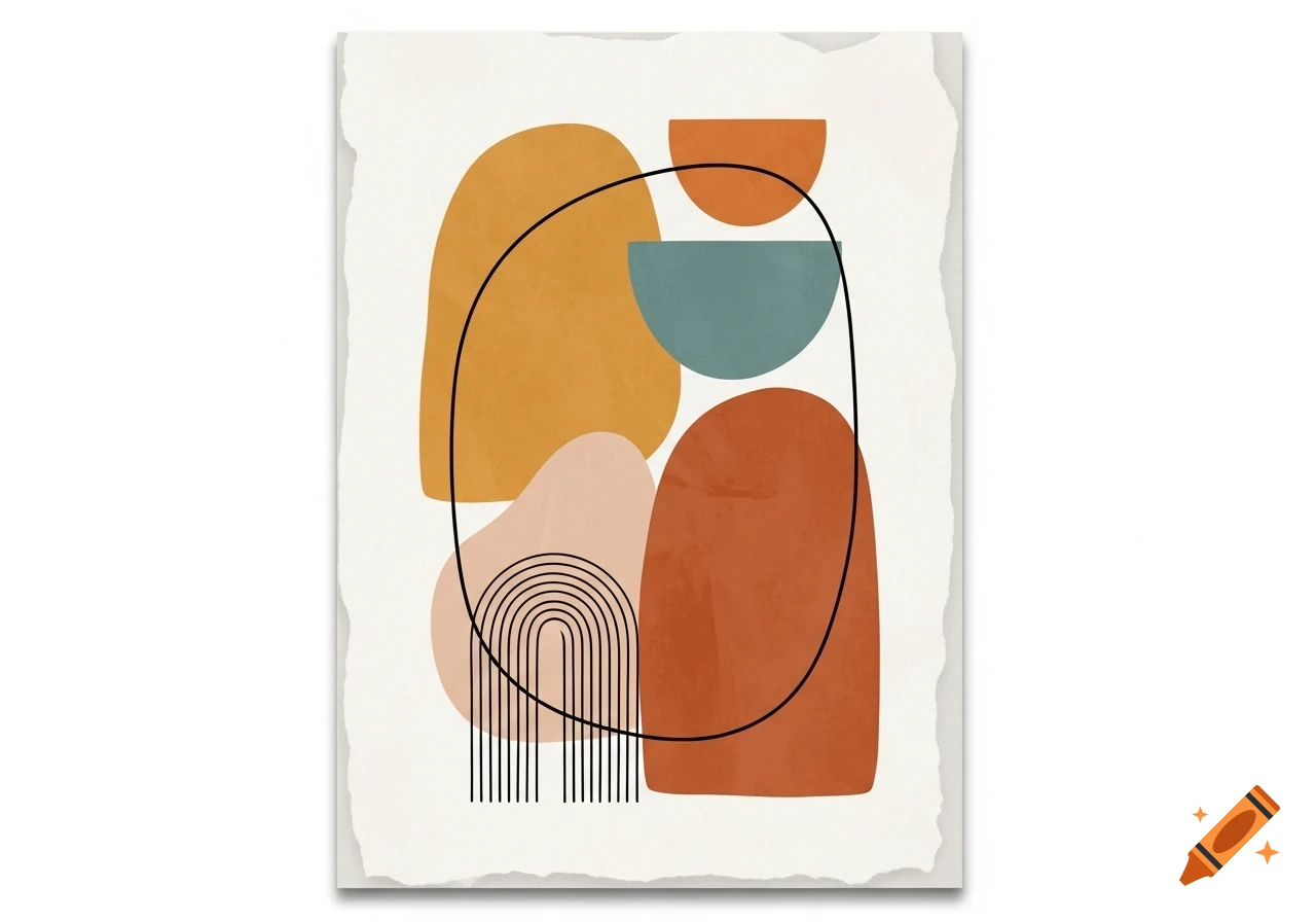 Minimalist abstract painting with organic shapes in ocher, burnt orange, and teal, with thin black lines on a textured background.