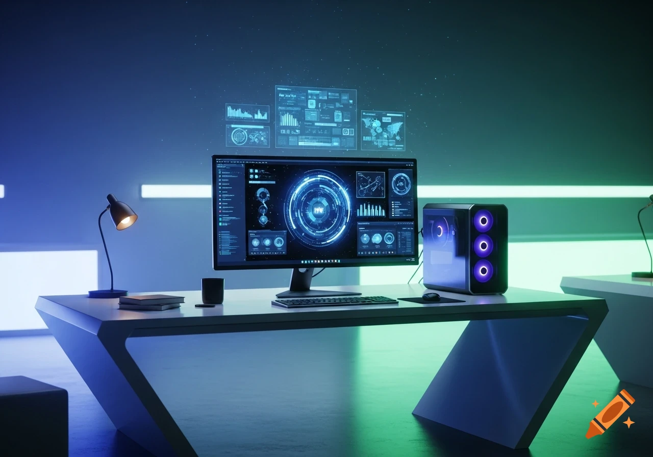 A futuristic computer setup with a glowing monitor displaying abstract data and holographic interfaces, a desktop PC tower, and a desk lamp.