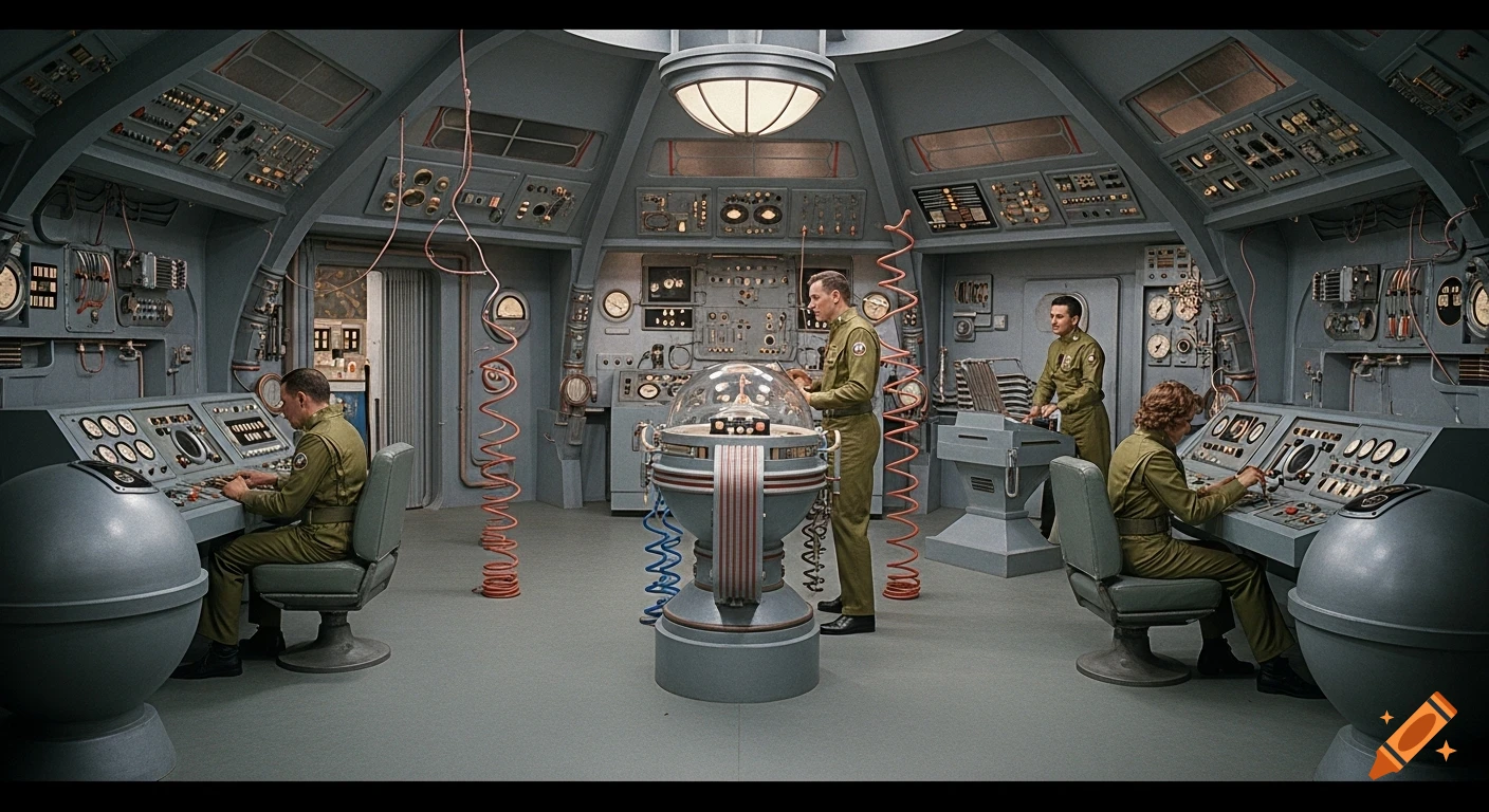 People in 1950s sci-fi uniforms work in a detailed retro-futuristic spaceship control room with consoles and glowing equipment.