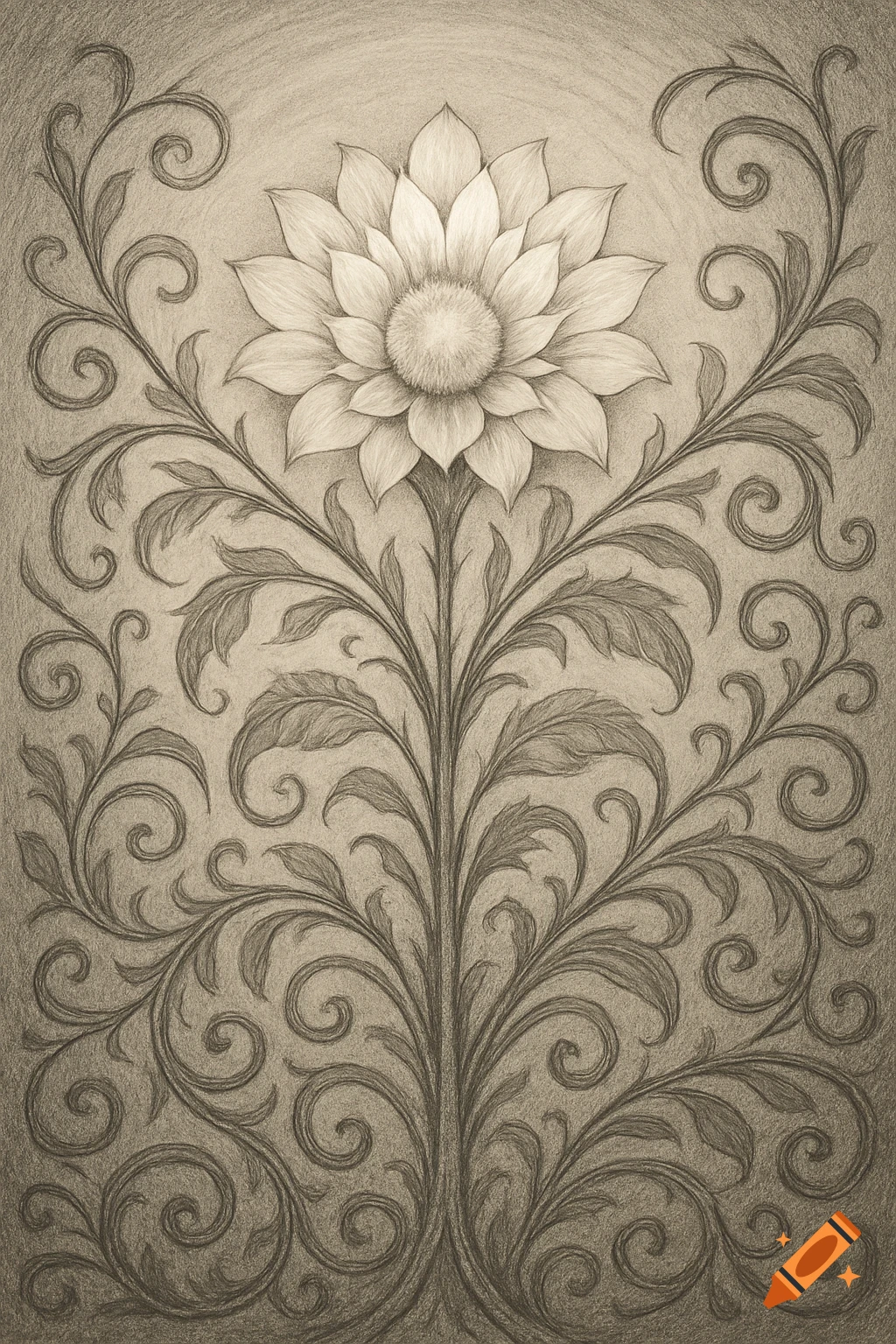 Detailed monochrome pencil sketch of a stylized flower with ornate scrolling botanical patterns against a textured background.