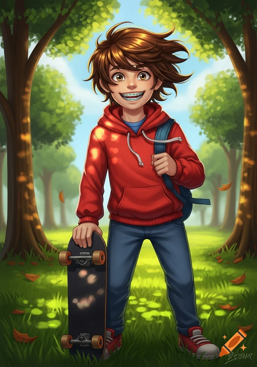 A smiling cartoon boy with braces, wearing a red hoodie, holding a skateboard in a green, sunlit park.