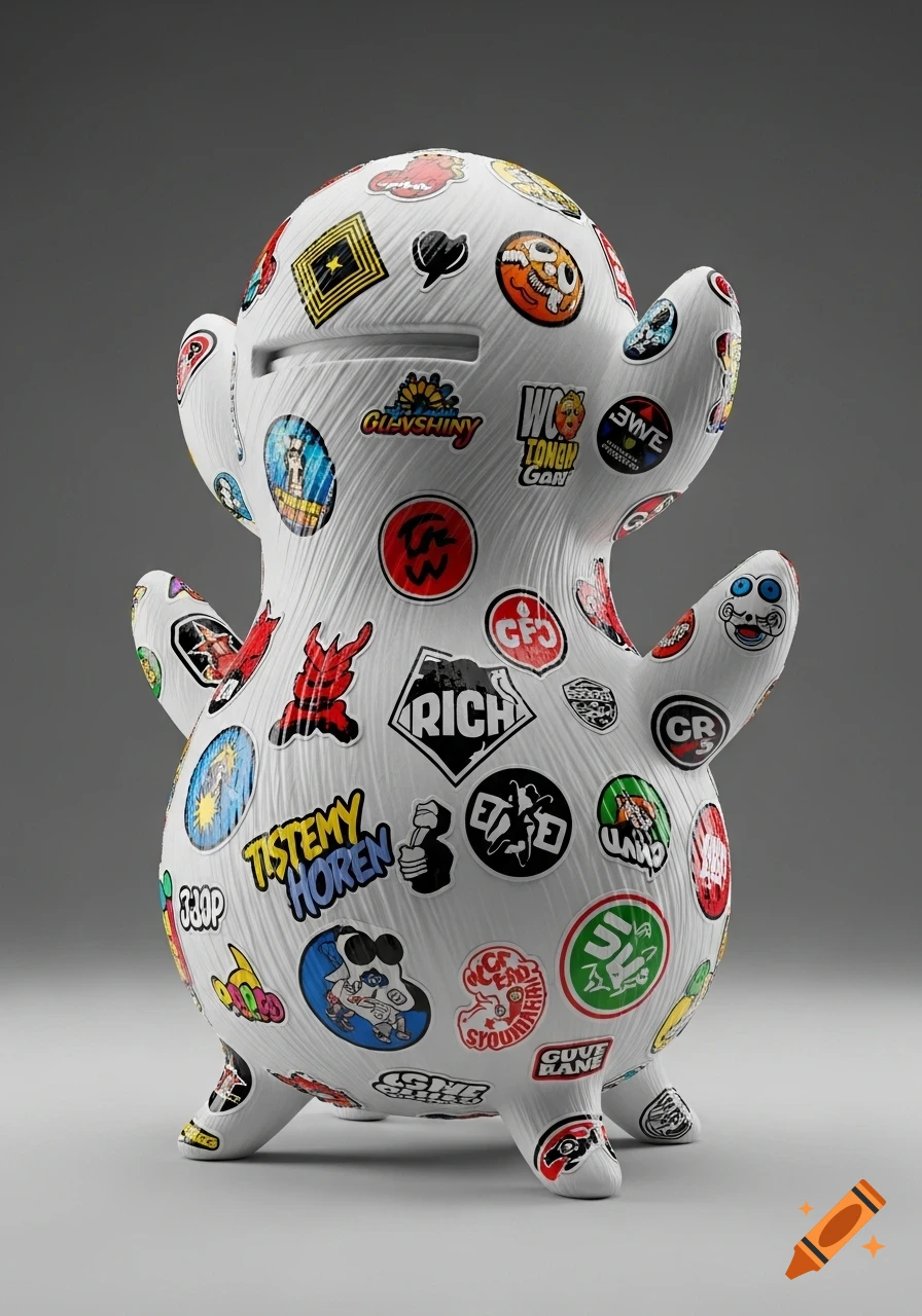 A studio shot of a white, undulating, abstract figurine covered in numerous colorful and diverse stickers on a gray background.