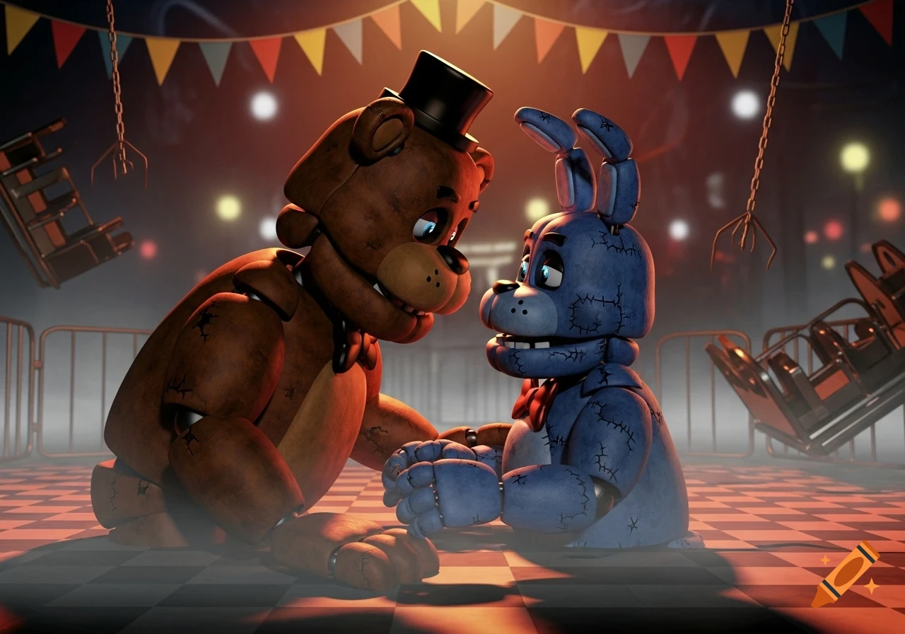 Freddy Fazbear and Bonnie animatronics lean in to kiss in a dimly lit, abandoned carnival setting with checkered floors.