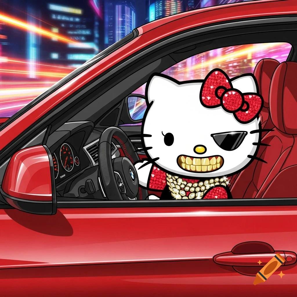 Cartoon Hello Kitty with gold grillz and diamond chains driving a red BMW against a blurry neon cityscape.
