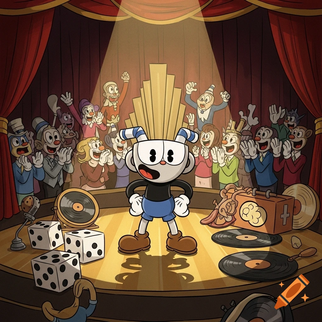 Cuphead on a spotlighted stage with dice, record players, and a microphone, facing a cheering cartoon audience behind red curtains.