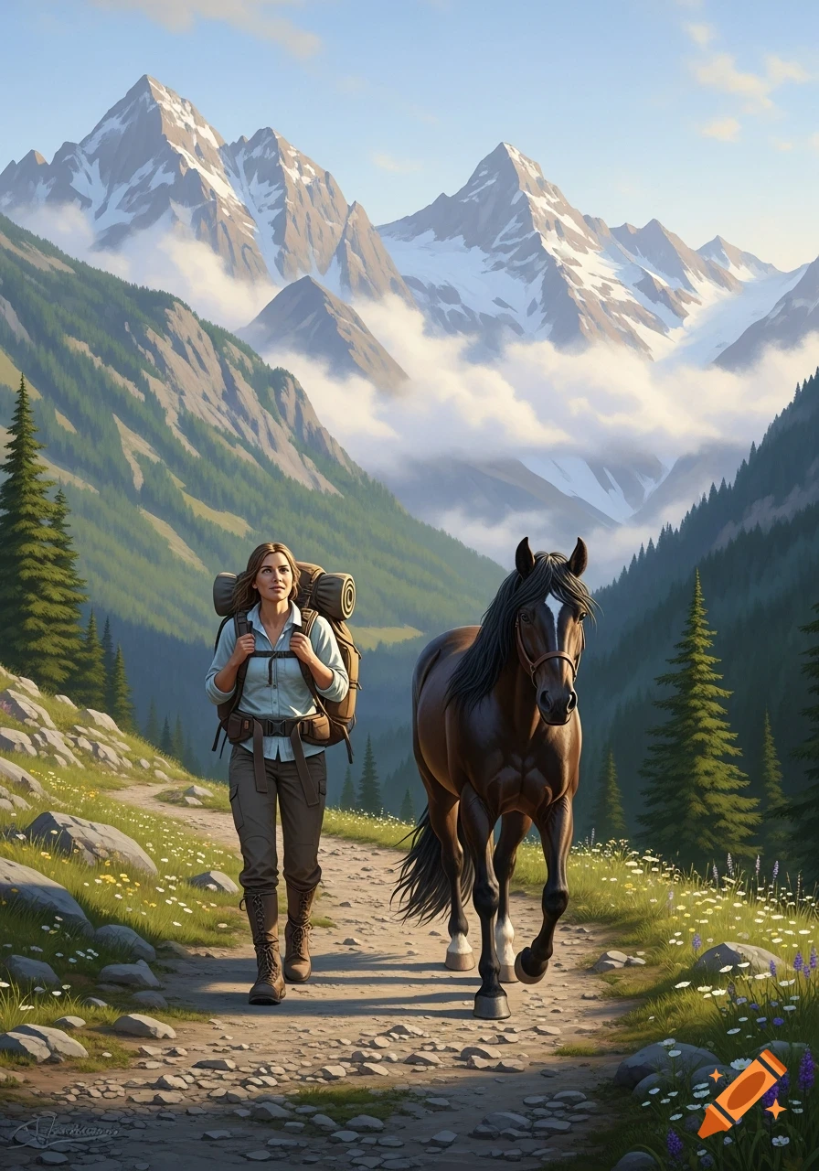 A woman with a backpack and a horse walk on a mountain trail, surrounded by forests and snow-capped peaks under a blue sky.