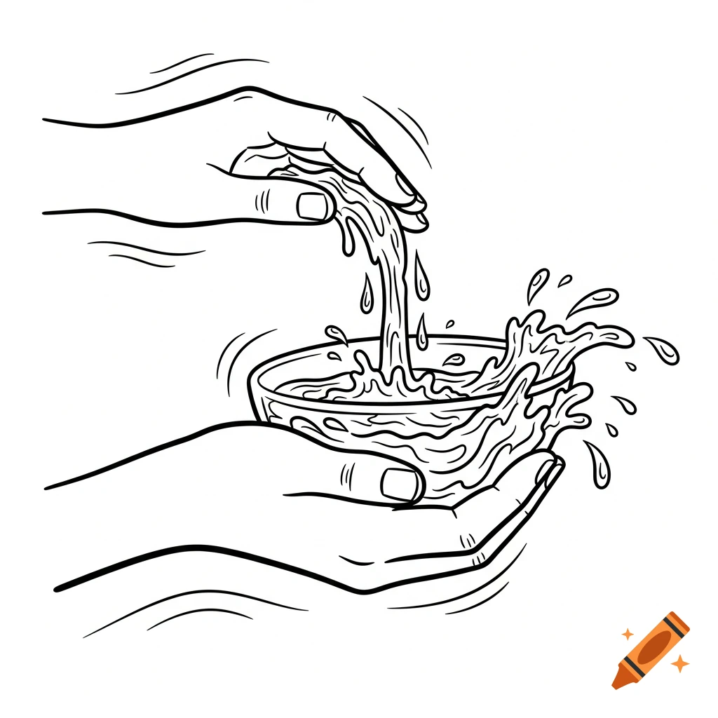 Black and white cartoon line art of hands scooping and splashing water from a bowl.