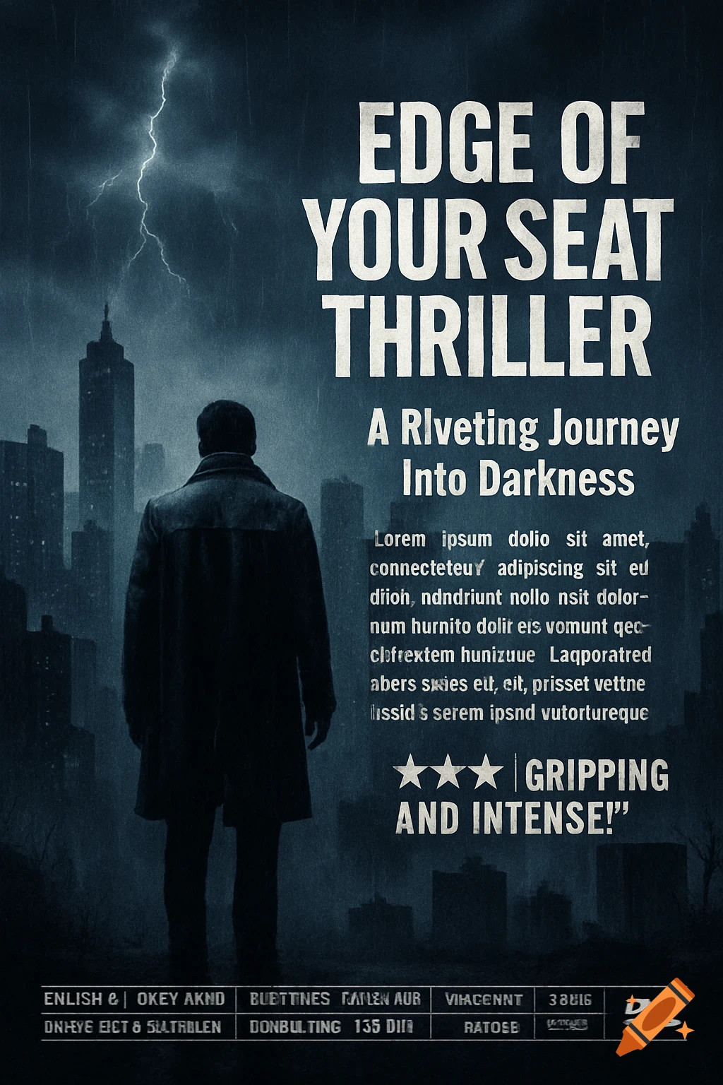 A dark movie poster for a thriller, showing a person standing in a stormy cityscape with lightning, with the title 'EDGE OF YOUR SEAT THRILLER'.