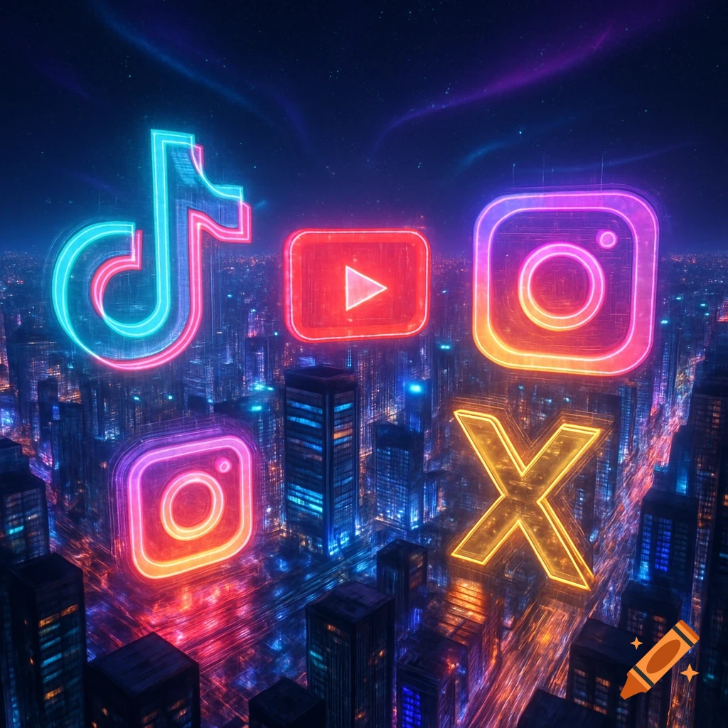 Neon glowing TikTok, YouTube, Instagram, and X logos hover above a futuristic city at night.