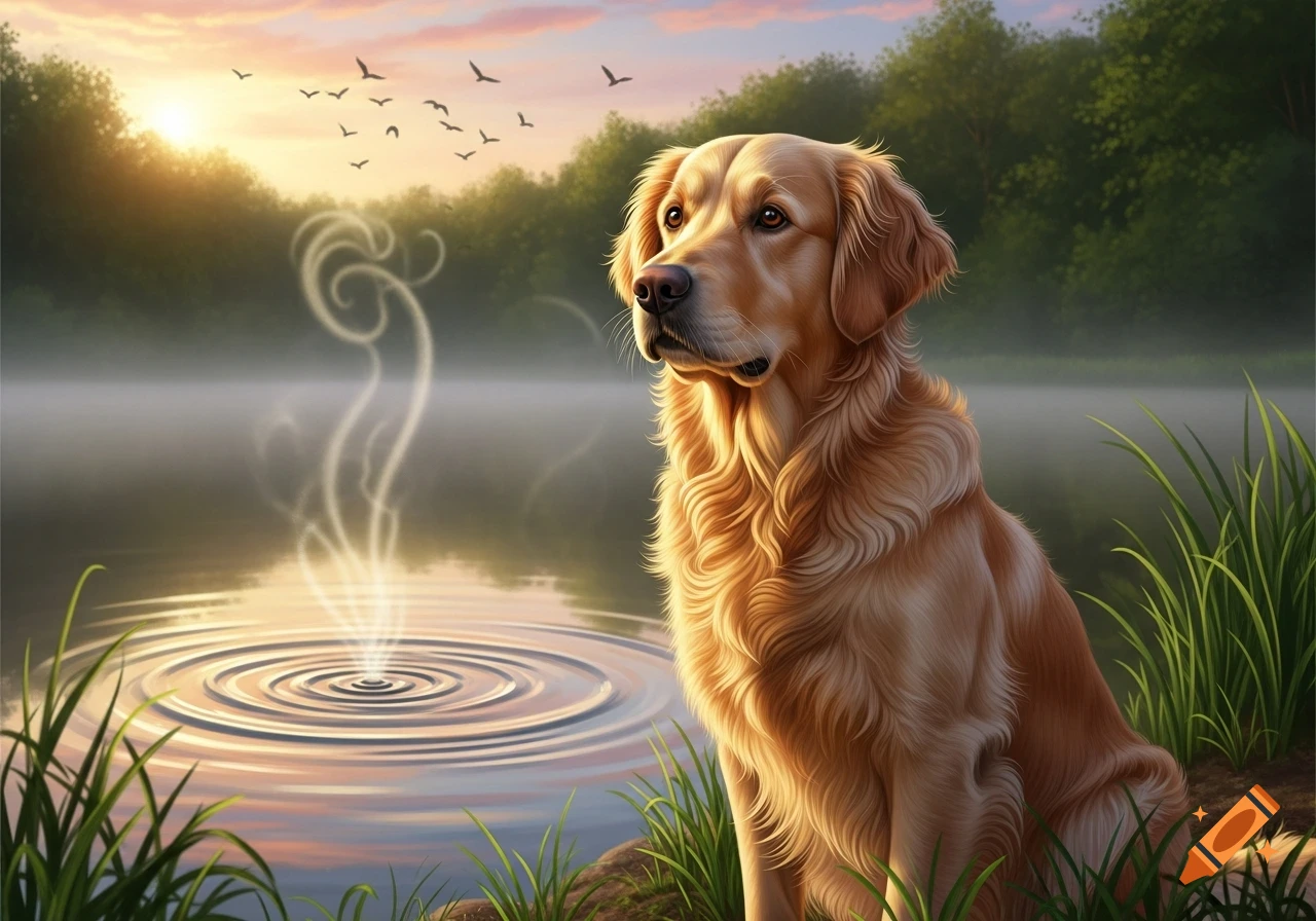 A majestic golden retriever sits by a misty lake at sunrise, glowing with light, with birds flying overhead and tall grass in the foreground.