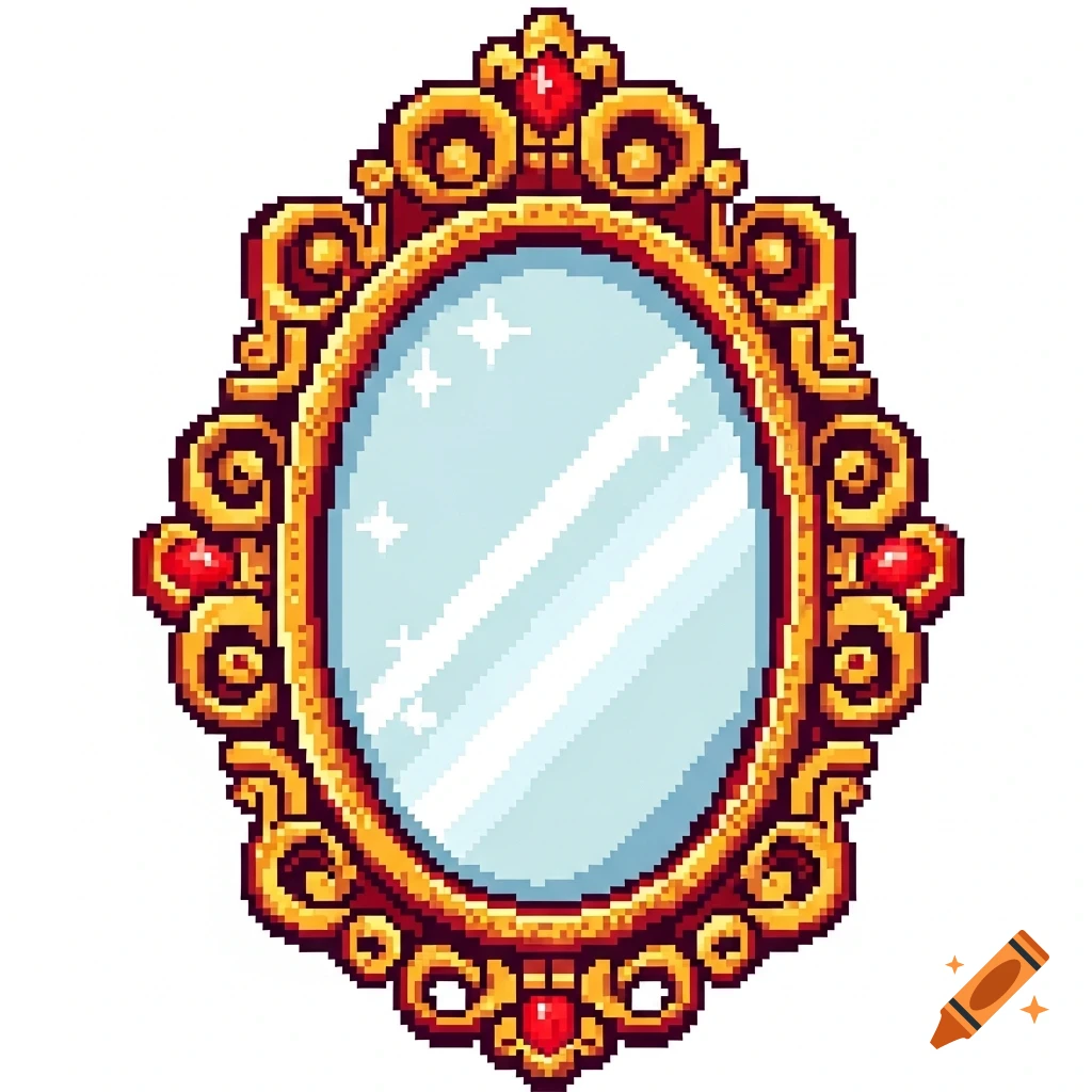 A pixel art ornate oval mirror with a gold frame and red gem accents on a white background.