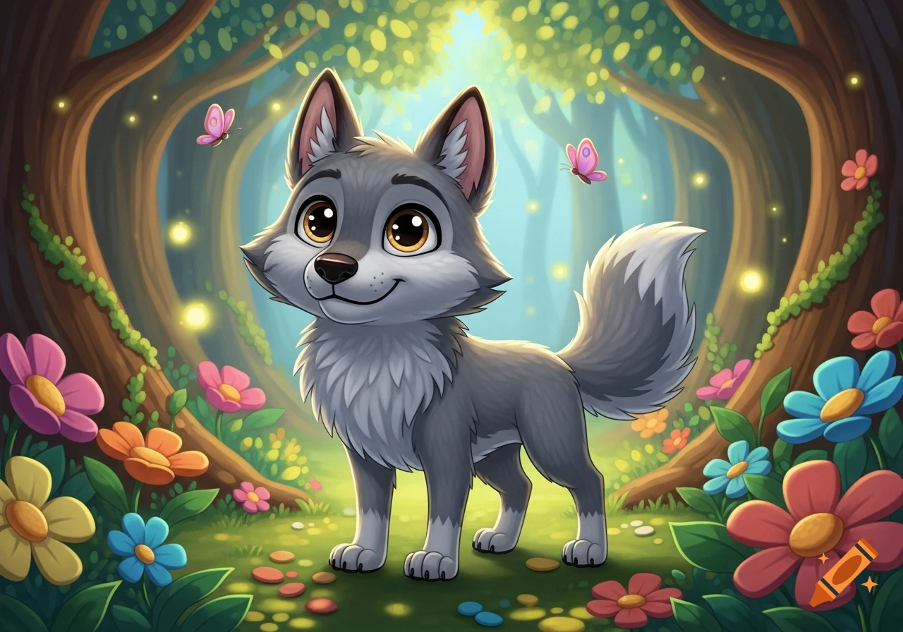 A cute cartoon wolf with big eyes stands smiling in a magical forest filled with colorful flowers, glowing fireflies, and pink butterflies.