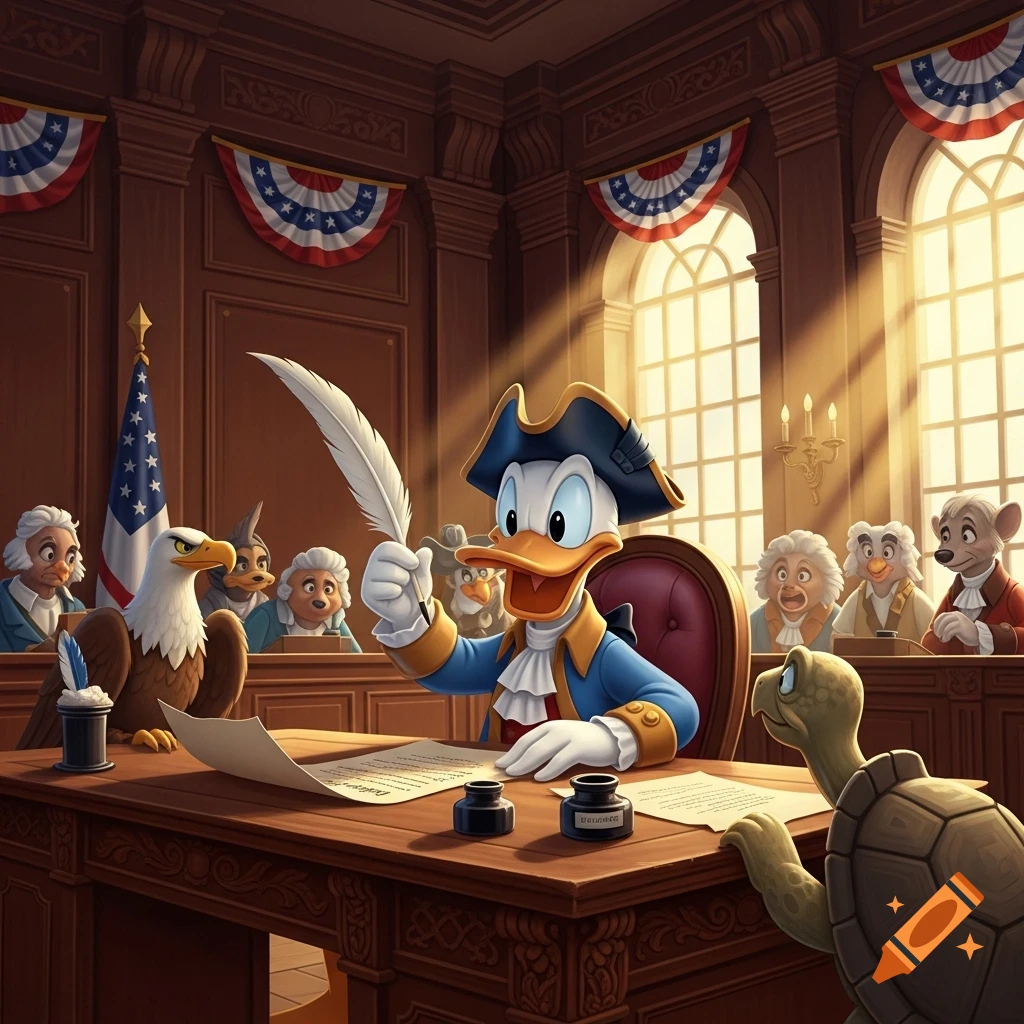 Donald Duck in colonial attire, holding a quill, appears to sign a document at a large wooden desk in a grand hall. Other anthropomorphic figures and a bald eagle observe, with American flag bunting overhead and bright windows in the background. A turtle looks on from the right.