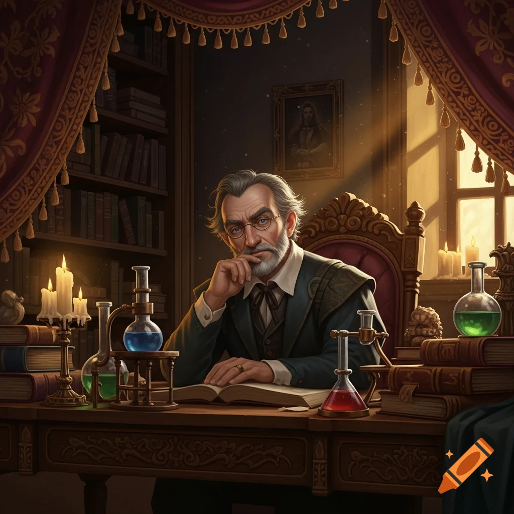 An old scholar or alchemist with a white beard and glasses sits at a desk in a dimly lit study, surrounded by books, candles, and chemical flasks, light streaming from a window.