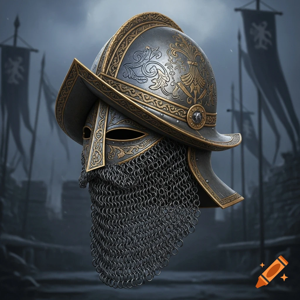 An ornate, dark metal helmet with gold embellishments and a chainmail face guard, against a blurry, misty background with flags.