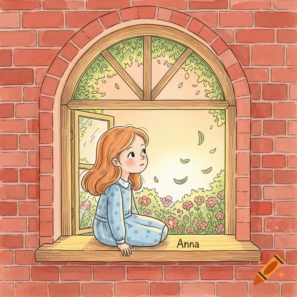 A watercolor illustration of a red-haired girl named Anna sitting in a brick house window, looking out at a sunny garden with falling leaves.
