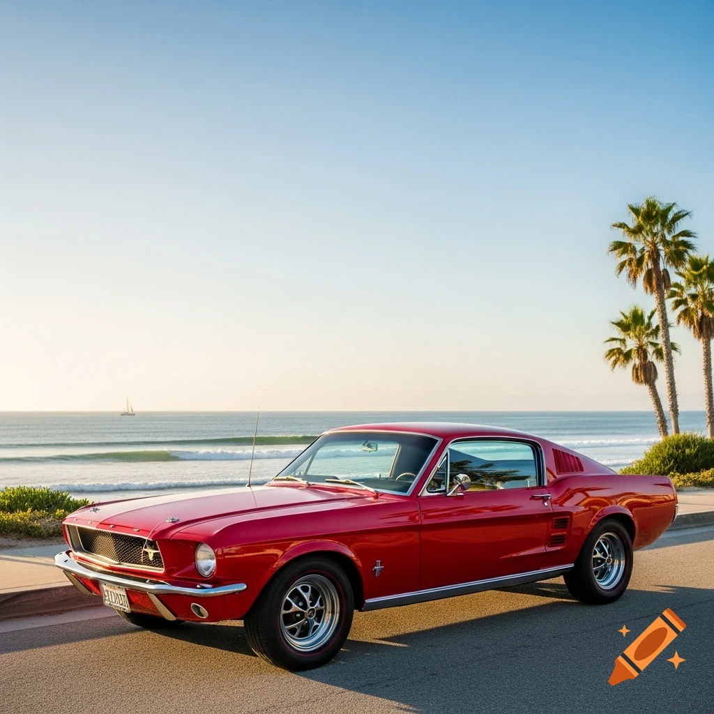 A vibrant red 1967 Ford Mustang Fastback is parked on a coastal road overlooking a sunny beach with palm trees and a sailboat in the distance.