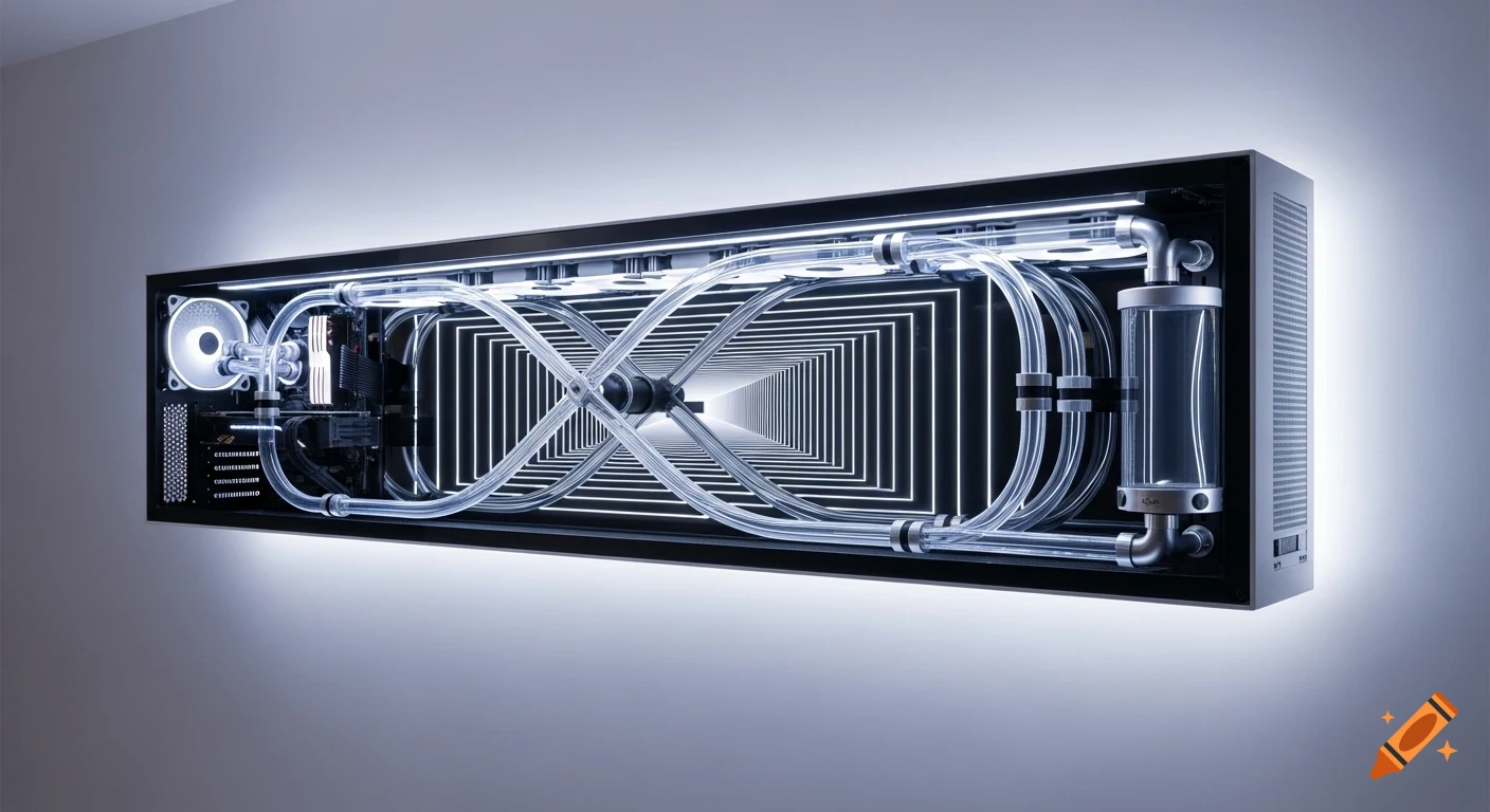 A long, narrow PC case mounted on a wall, featuring a glowing water-cooling system with hoses forming an infinity sign, set against an infinity mirror background.
