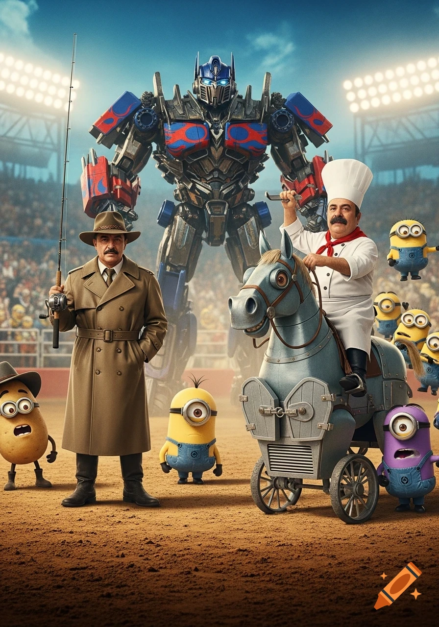 A surreal cartoon in a rodeo arena featuring Optimus Prime, a spy with a fishing rod, a chef on a freezer horse, Minions, and an anthropomorphic potato.