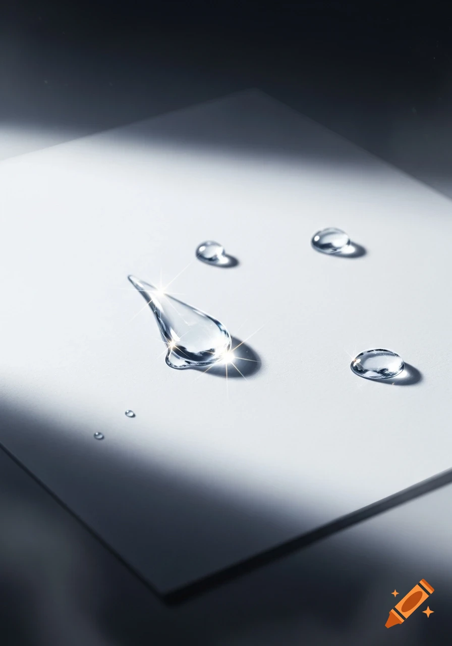 Close-up of several clear water droplets, including one large teardrop shape, reflecting light on a bright white surface.