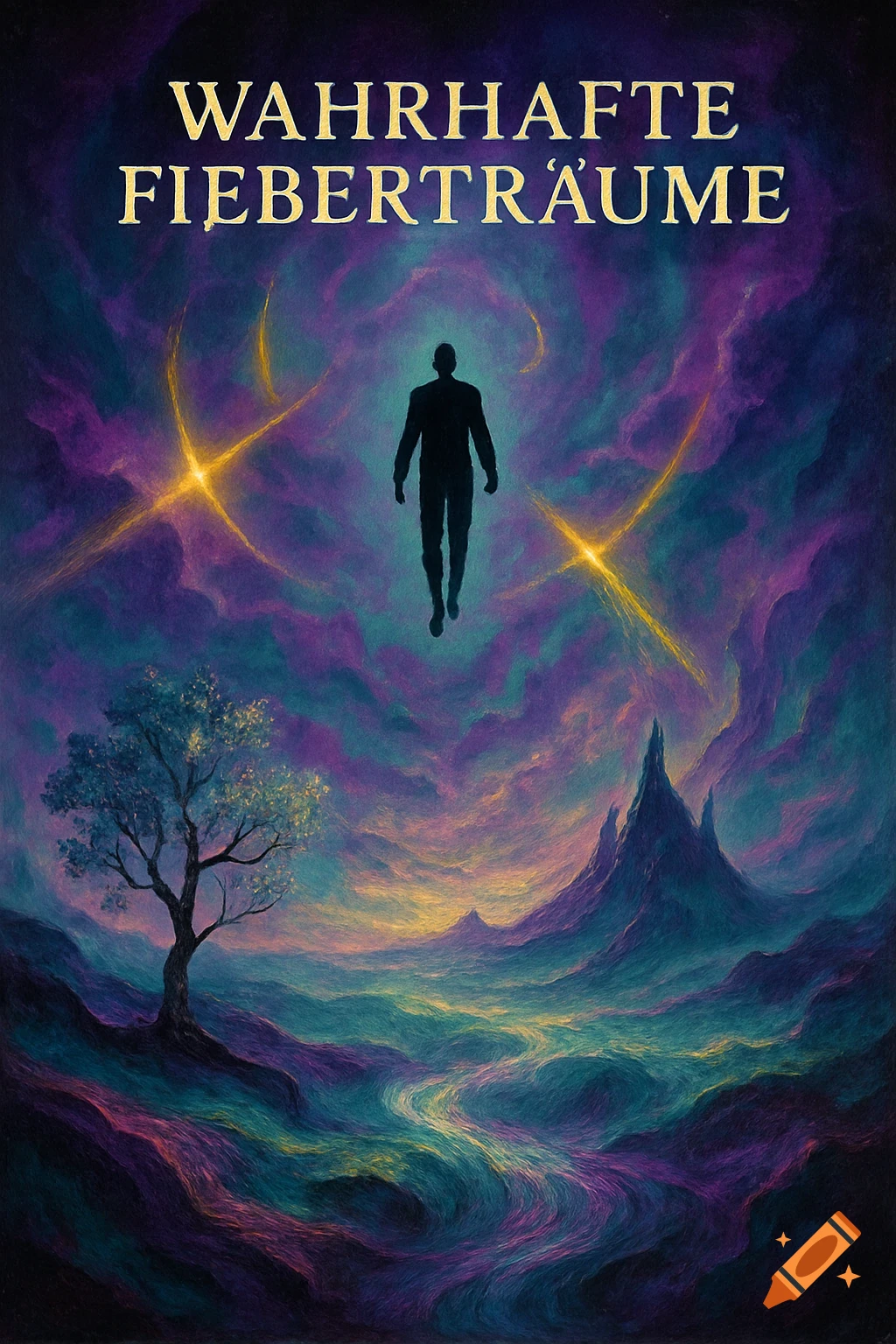 A surreal, vibrant, painterly album cover featuring a floating human silhouette over a fantastical landscape with a glowing tree, mountains, and a winding river. Text at the top reads "WAHRHAFTE FIEBERTRÄUME".