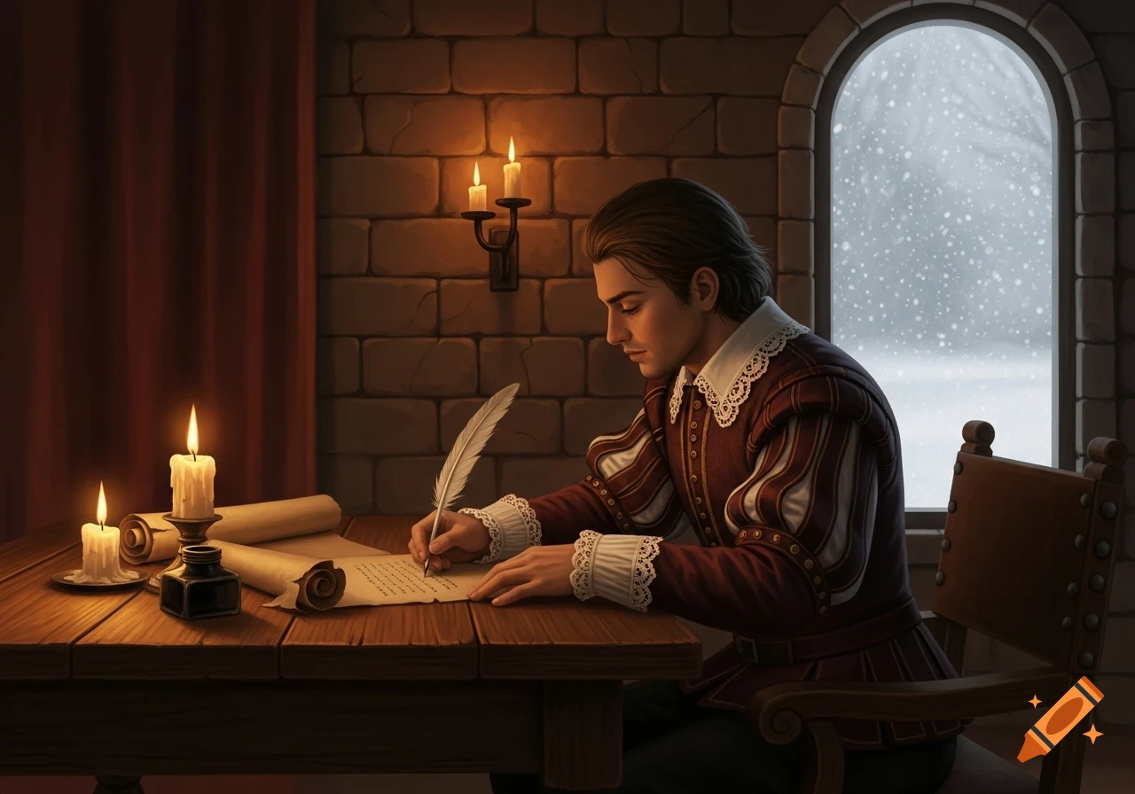 A man in historical attire writes on parchment with a quill by candlelight in a stone room as snow falls outside a window.
