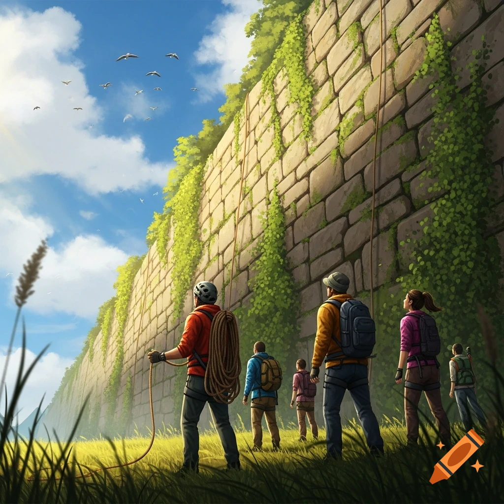 Illustrative view of people with climbing gear looking up at a towering, ivy-covered stone wall.