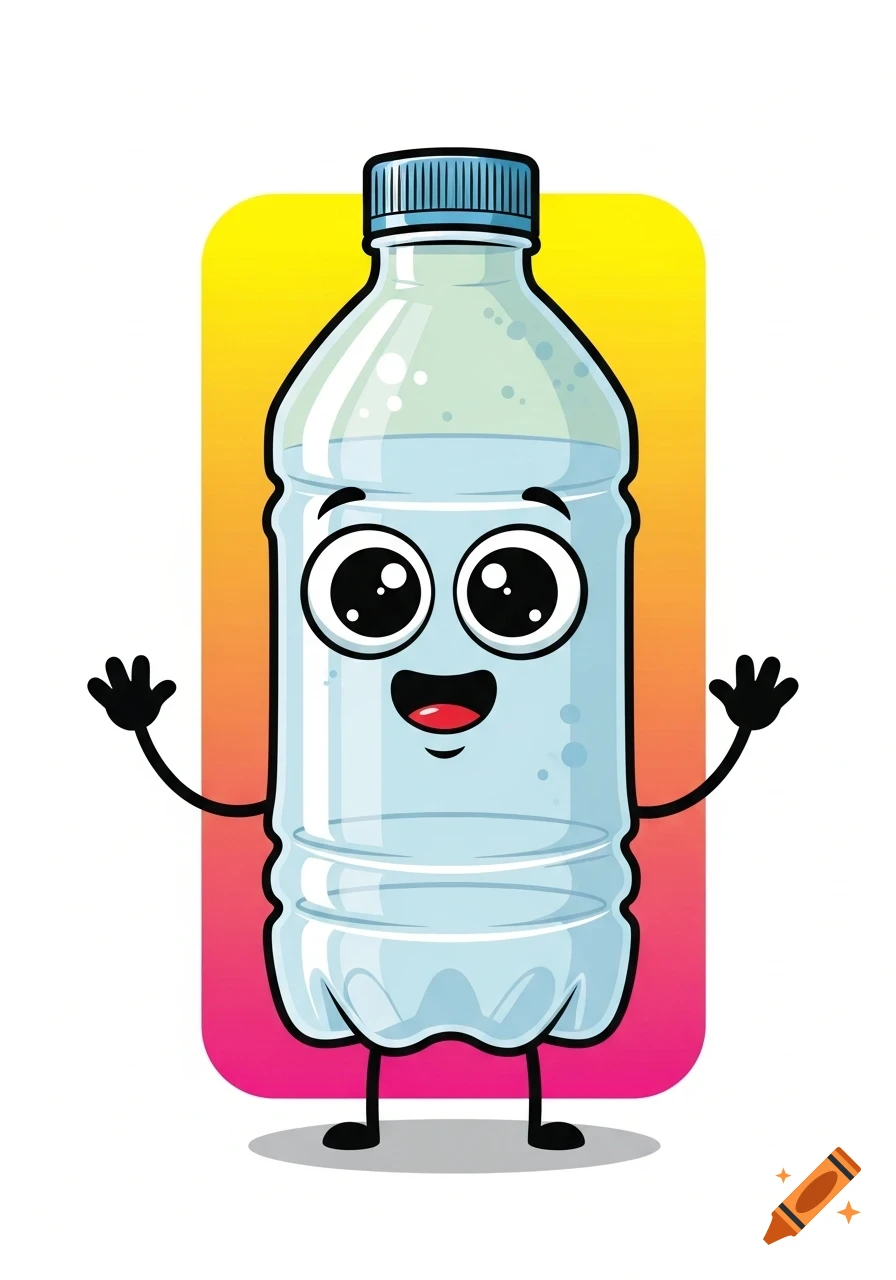 A friendly cartoon plastic water bottle with big eyes, a happy smile, and small arms and legs stands against a yellow and pink background.
