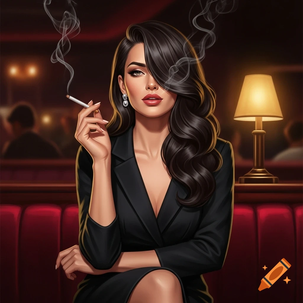 A stylized digital painting of an attractive woman with dark wavy hair, in a black suit, smoking a cigarette in a dimly lit lounge.
