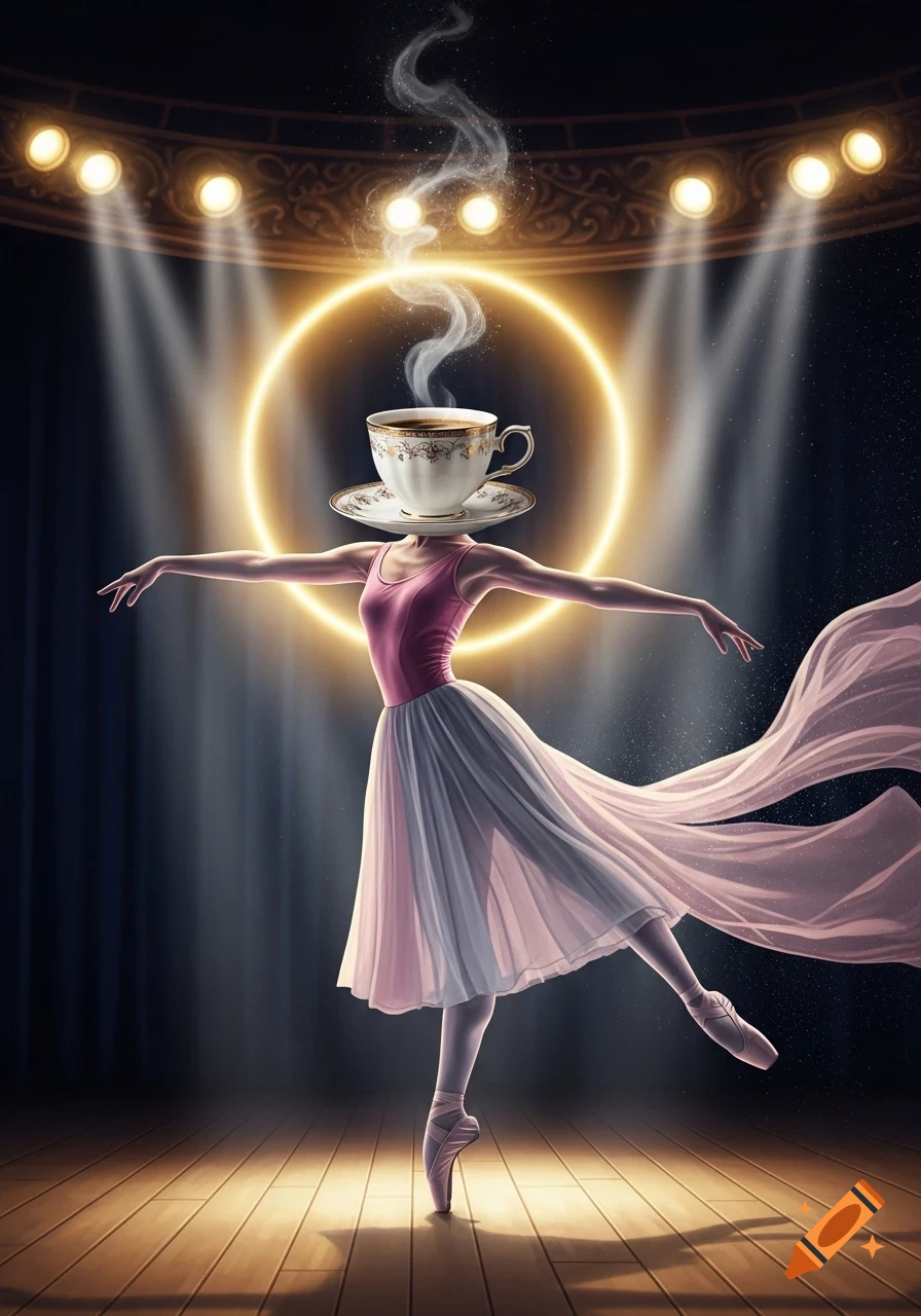 A surreal ballerina with a steaming teacup head dances on a spotlighted stage.