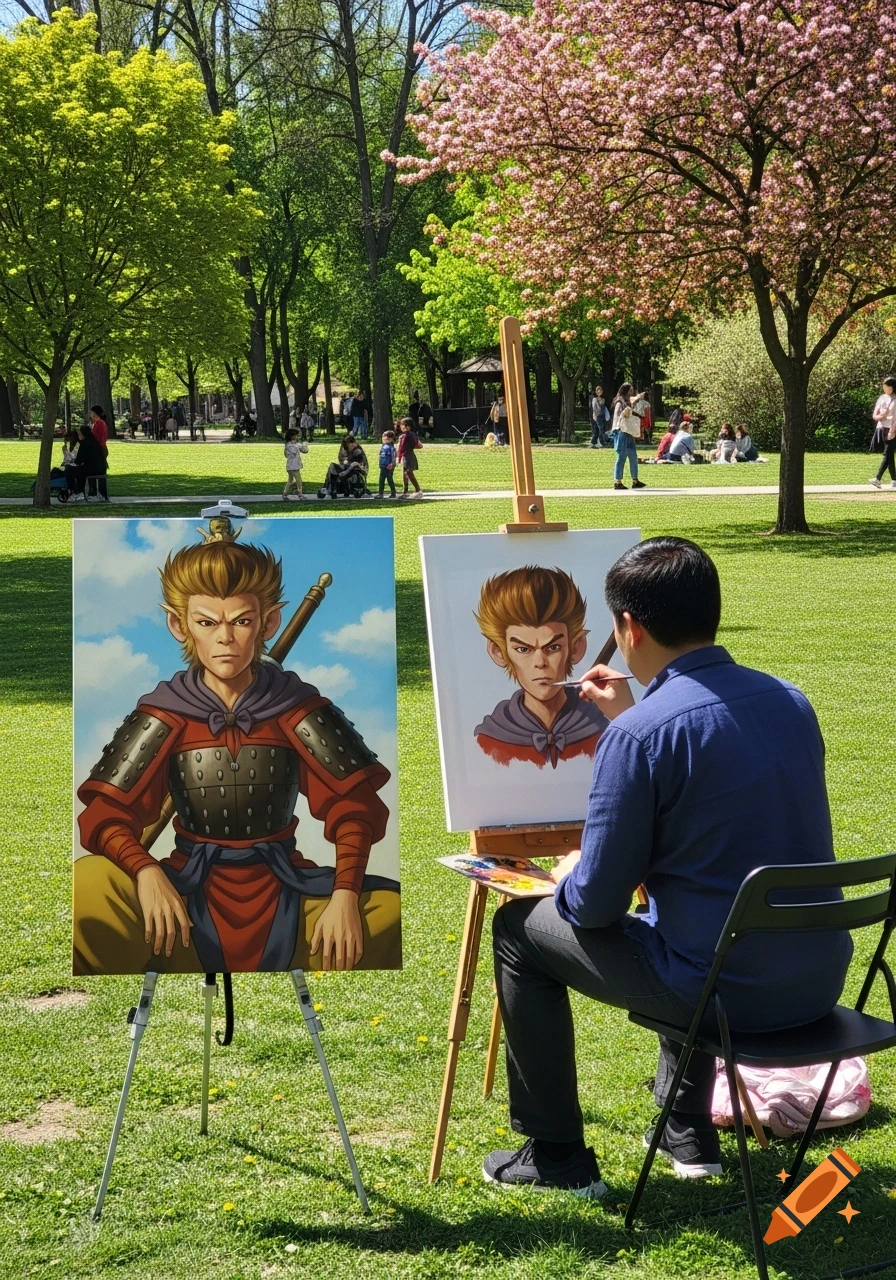 A man in a blue shirt sits in a green park, painting an anime-style portrait of Sun Wukong on an easel. Another larger finished painting of the character stands nearby.