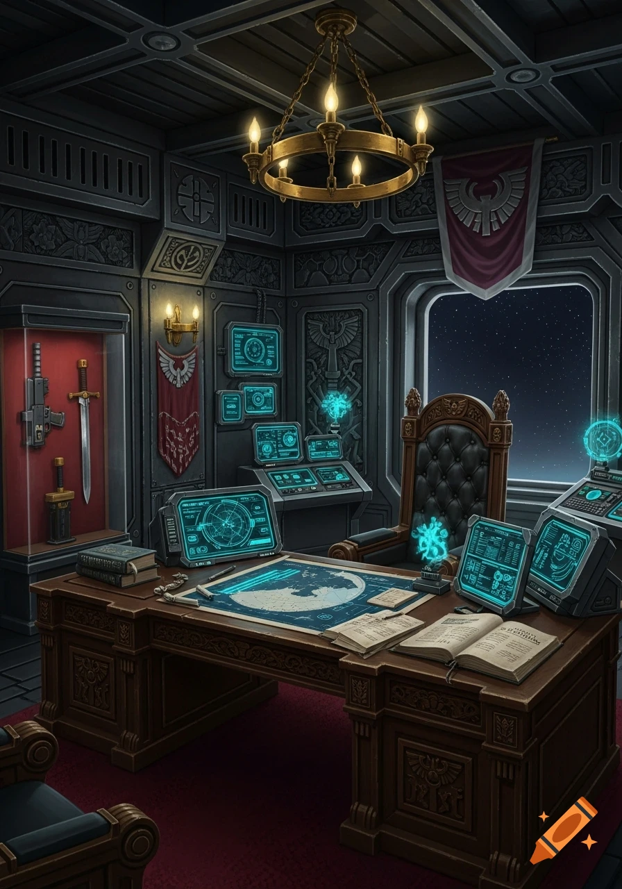 Dark, ornate Warhammer 40K voidship captain's quarters with glowing holographic displays, a large desk, and a view of outer space.