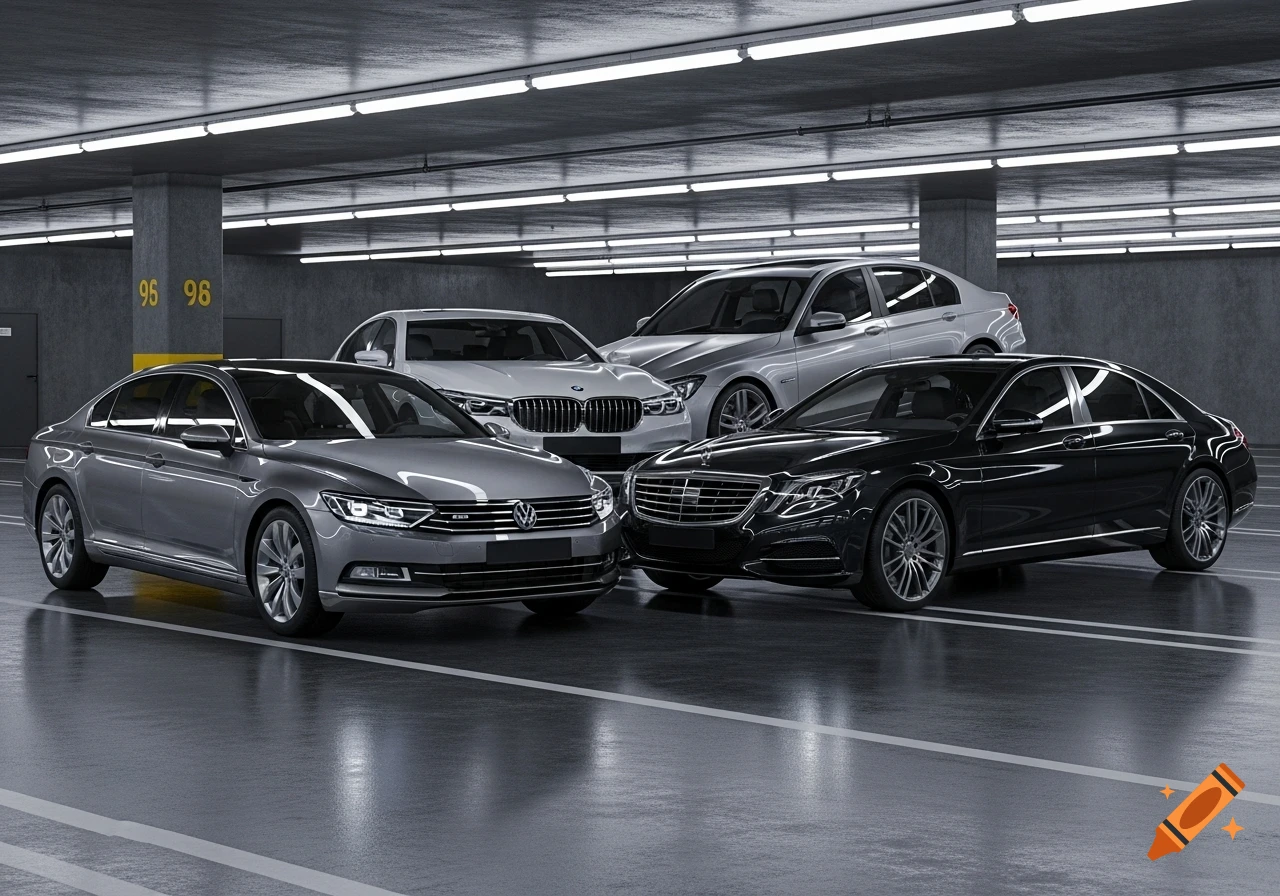 Photorealistic image of a grey Volkswagen, black Mercedes-Benz, white BMW, and another silver sedan parked in an underground garage.