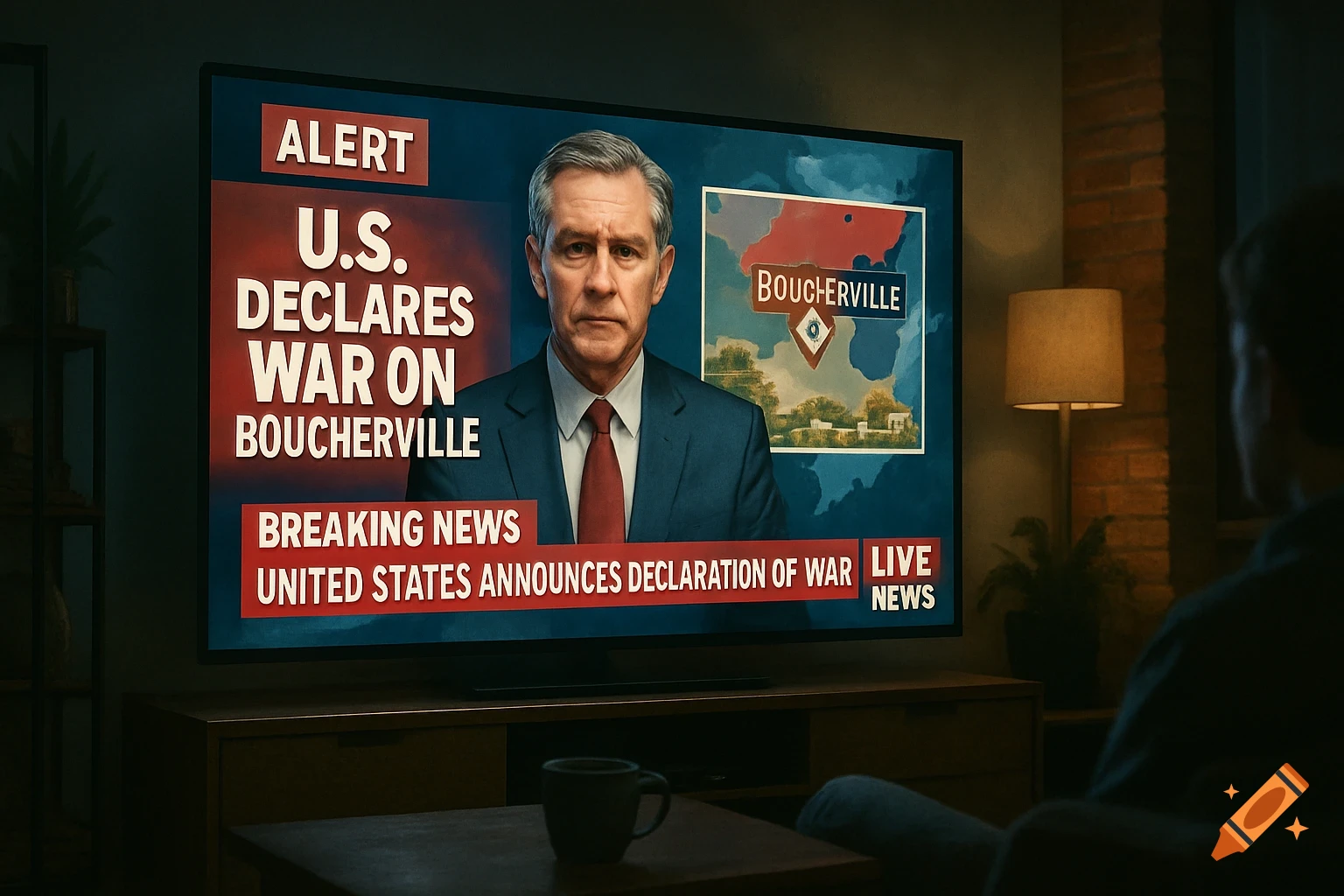 A person watches a TV news broadcast with an anchor and a map, displaying a headline: "U.S. DECLARES WAR ON BOUCHERVILLE."