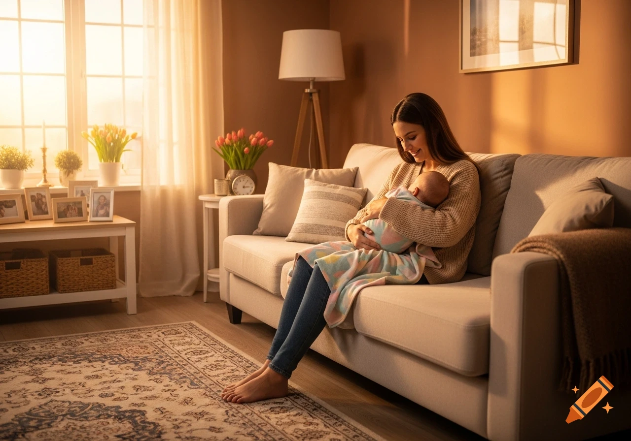 A smiling mother sits on a cozy sofa, gently holding her swaddled baby in a sunlit living room with a patterned rug.