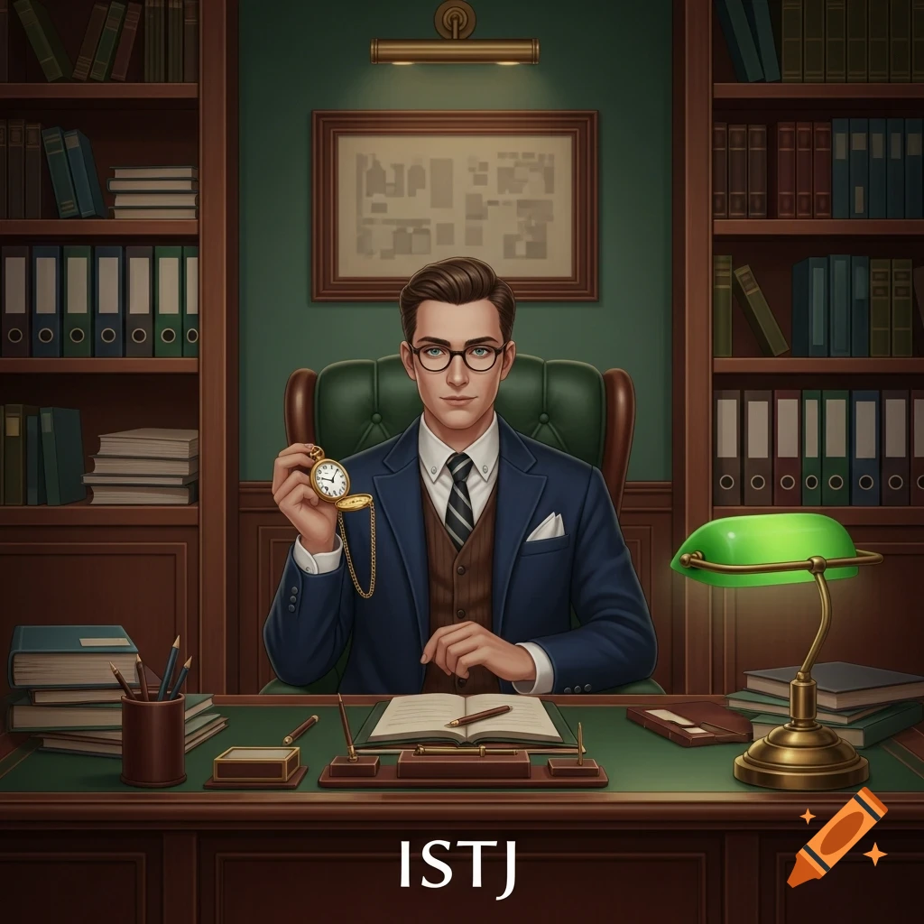 Illustrated man in a suit and glasses sits at a desk in a library, holding a pocket watch, with 'ISTJ' text below.
